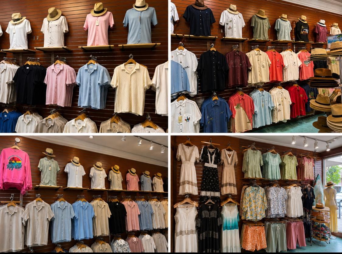 Linen shirts and sundresses on the wall
